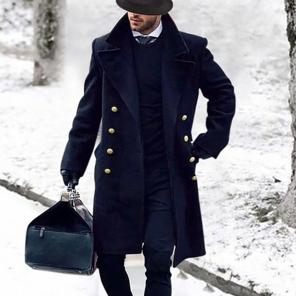 undefined Other - Casual Navy Blue Double Breasted Men's Overcoat